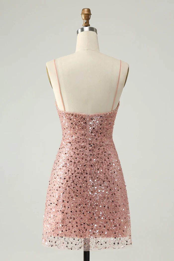 Weitese Dress Sparkly Blush Spaghetti Straps A Line Short Homecoming Dress Sleeveless Sequins Party Dress